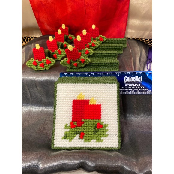 Vintage, Handmade, 12 piece 4 place setting Hostess Needlepoint plastic canvas. - Picture 5 of 10